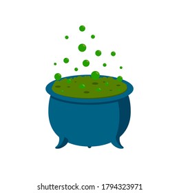 Spooky witch cauldron with green poison and bubbles. Big Halloween pot. Vector illustration for Halloween party.