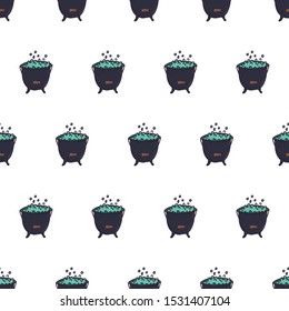 Spooky witch cauldron with potion seamless pattern on white background. Witchcraft vector cartoon illustration. Magic cauldron.