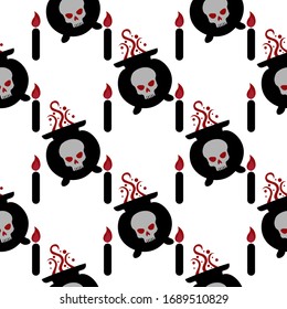 Spooky witch cauldron with potion seamless pattern on white background. Witchcraft vector cartoon illustration. Magic cauldron.