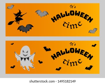 Spooky witch and ghost Halloween poster, cartoon background for greetings and party invitation cards, posters, postcards. Graphic vector illustration, with cute characters and symbols for your design