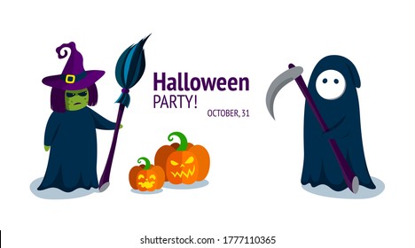 Spooky witch and the Grim Reaper. Halloween characters with carved pumpkins. Halloween party invitation. Vector illustration.
