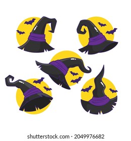 Spooky witch hat halloween costume decoration with flying bat silhoutte at the sides