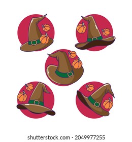 Spooky witch hat halloween costume decoration beautiful carved pumpkin and full moon in red color  at the back