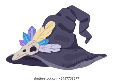 Sombrero de bruja. Sombrero de mago de Halloween, calavera de pájaro y plumas decoradas sombrero de mago Ilustración vectorial plana. Sombrero de mago de la fiesta de octubre de Halloween en blanco