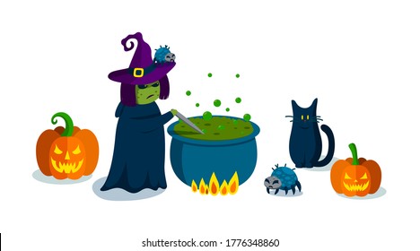 Spooky witch making her green poison brew in big cauldron. Horizontal banner with Halloween characters. Pumpkins, black cat and spiders. Vector illustration for Halloween party.