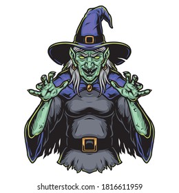 Spooky witch in purple hat in vintage style isolated vector illustration