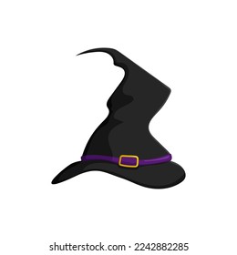 Spooky witchs black hat. Traditional fantasy headdress for halloween magic and witchcraft with pointed crown stylish decoration for party and vector holidays