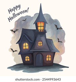 Espeluznante casa de mago con murciélagos para un diseño de Halloween, perfecto para decoraciones espeluznantes y saludos festivos.