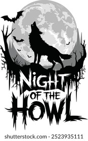 Spooky Wolf Silhouette with Full Moon and Bats for Night of the Howl Halloween-Themed Design