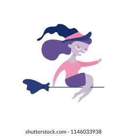 Spooky woman witch in pointed hat flying at broomstick. Halloween holiday magic symbol, fantasy female character for mystery trick or treat kids tradition celebration decoration. Vector illustration