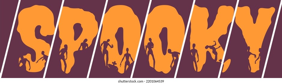 Spooky word and silhouettes of zombies on it. Slised background