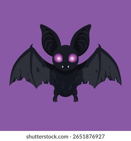 Um morcego vampiro assustador, mas adorável, com olhos roxos brilhantes, asas pretas e presas, colocado contra um fundo roxo sólido. Esta ilustração vetorial é perfeita para projetos de Halloween