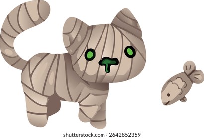 A spooky yet adorable Halloween mummy cat is chasing a fish treat , wrapped in bandages and full of mischief