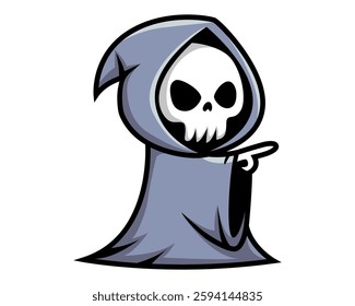 A spooky yet playful vector illustration of a cartoon grim reaper pointing a finger