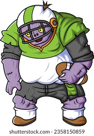 Spooky zombie american football player cartoon character on white background of illustration