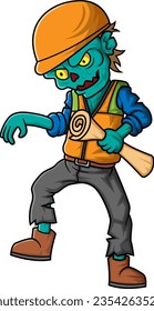 Spooky zombie architect cartoon character on white background of illustration