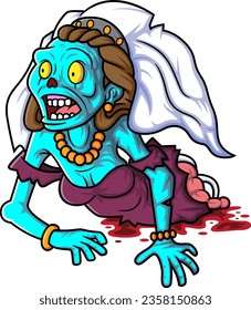 Spooky zombie bride cartoon character on white background of illustration