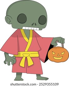 A spooky zombie character dressed in a pink robe with a yellow sash holds a small jack-o’-lantern, embodying the eerie and festive spirit of Halloween.