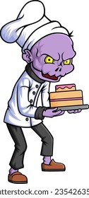 Spooky zombie chef holding birthday cake cartoon character on white background of illustration