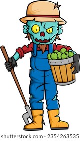 Spooky zombie farmer cartoon character on white background of illustration