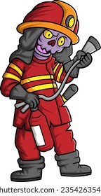 Spooky zombie firefighting cartoon character on white background of illustration