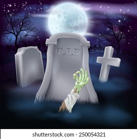 A spooky zombie grave Halloween illustration with full moon in the background