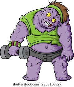Spooky zombie gym cartoon character on white background of illustration