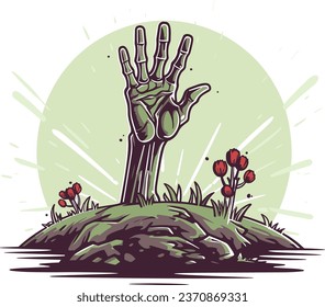 Spooky Zombie Hand Rising from Grave Vector Art, Creepy Undead Arm Emerging from Cemetery, Eerie Halloween Graveyard Scene Illustration.