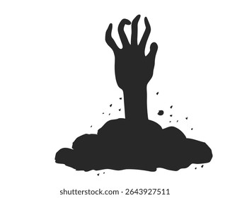 Spooky zombie hand silhouette rising from the ground on Halloween night. Vector horror element for scary design. Creepy Halloween hand silhouette reaching up from the graveyard soil