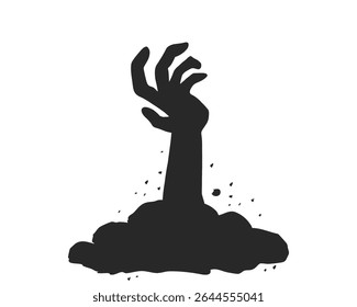 Spooky zombie hand silhouette rising from the ground on Halloween night. Vector horror element for scary design. Creepy Halloween hand silhouette reaching up from the graveyard soil