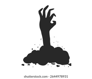 Spooky zombie hand silhouette rising from the ground on Halloween night. Vector horror element for scary design. Creepy Halloween hand silhouette reaching up from the graveyard soil