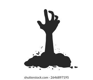 Spooky zombie hand silhouette rising from the ground on Halloween night. Vector horror element for scary design. Creepy Halloween hand silhouette reaching up from the graveyard soil