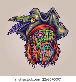 Espeluznante cabeza zombie pirata monstruo horror ilustraciones de dibujos animados vectores para tu trabajo, camiseta de mercancía, pegatinas y diseños de etiquetas, afiche, tarjetas de felicitación publicidad comercial