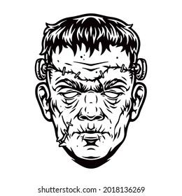 Gespitzter Zombie-Kopf aus verschiedenen Teilen in einfarbigem Vintage-Stil, einzelne Vektorgrafik
