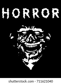 Spooky zombie head with torn face. Black and white. Vector illustration. Scary monster character.