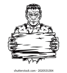 Spooky zombie holding wooden board in vintage monochrome style isolated vector illustration