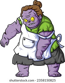 Spooky zombie housekeeper cartoon character on white background of illustration