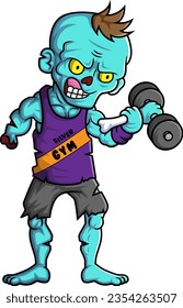 Spooky zombie lifting dumbbell cartoon character on white background of illustration