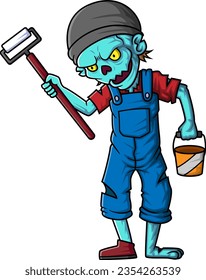 Spooky zombie painter cartoon character on white background of illustration