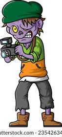 Spooky zombie photographer cartoon character on white background of illustration