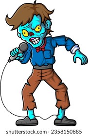 Spooky zombie singer cartoon character on white background of illustration