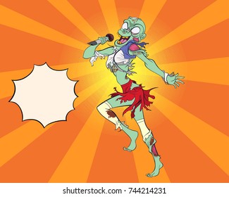 spooky zombie sings a song in a microphone on the stage.Vector illustration in cartoon style