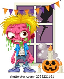 Vor einem zerbrochenen Fenster mit Halloween-Dekorationen steht ein unspuriger Zombie