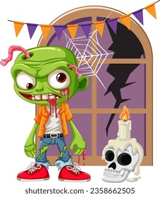 A spooky zombie stands in front of a broken window adorned with Halloween decorations