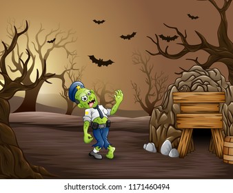 Spooky zombies walk in the dead forest