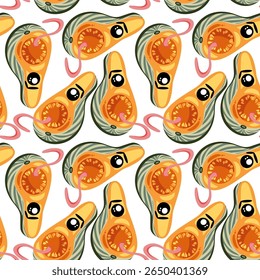 Spooky-cute seamless Halloween pattern with creepy cartoon pumpkins sticking out tongues. Perfect for kids' Halloween party decor, wrapping paper, invitations, and seasonal packaging.