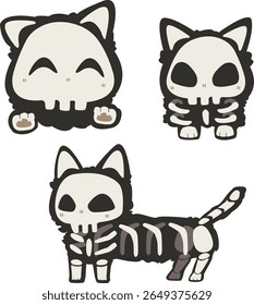 A spooky-cute skeleton cat vector from the Whisker Whimsy series. This adorable design combines playful cartoon charm perfect for stickers, seasonal merch, digital products.