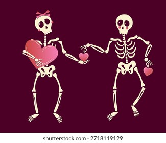 Espeluznante-lindo esqueleto pareja compartiendo un regalo romántico de San Valentín. Vector festivo juguetón de un hombre que ofrece un corazón a una mujer. Diseño dibujado a mano para bodas, o proyectos de aniversario extravagantes.