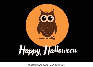 Spooky-themed Halloween design featuring a wide-eyed cartoon owl over an orange moon with festive Happy Halloween text.