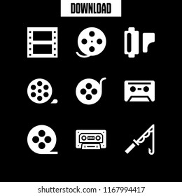 spool icon. 9 spool vector set. film reel, cassette, fishing rod and film roll icons for web and design about spool theme